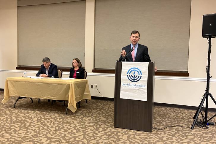 New Jersey State Sen. Tom Kean, running as a Republican in the 7th Congressional District, speaks October 2nd at a forum hosted by the Jewish Federation of Somerset, Hunterdon, and Warren Counties.